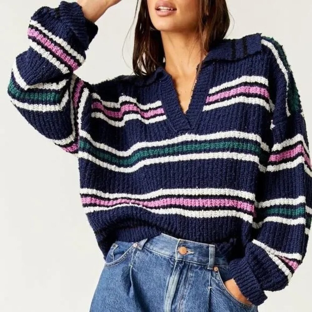 Free People Navy Striped V-Neck Sweater with Pink, White & Green Accents